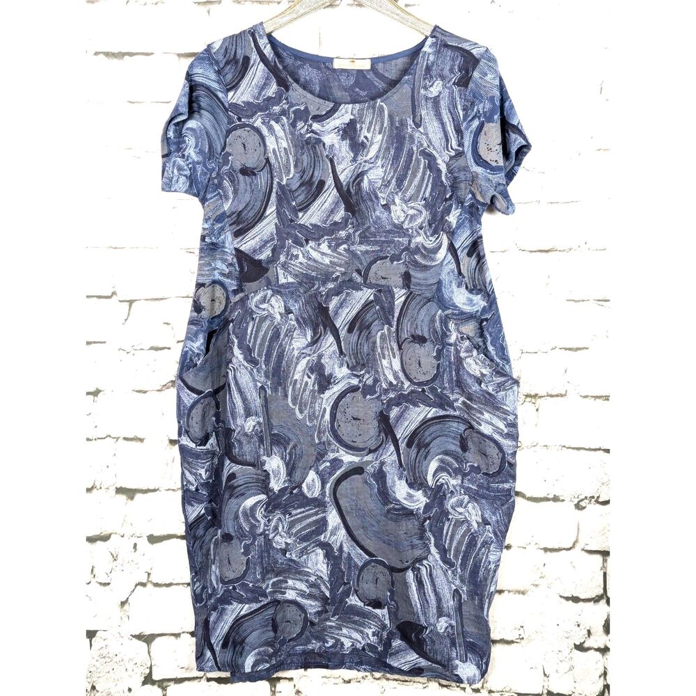 LANDS DOWNUNDER Italian Linen Dress Lagenlook Paint Print Pockets Artsy Small